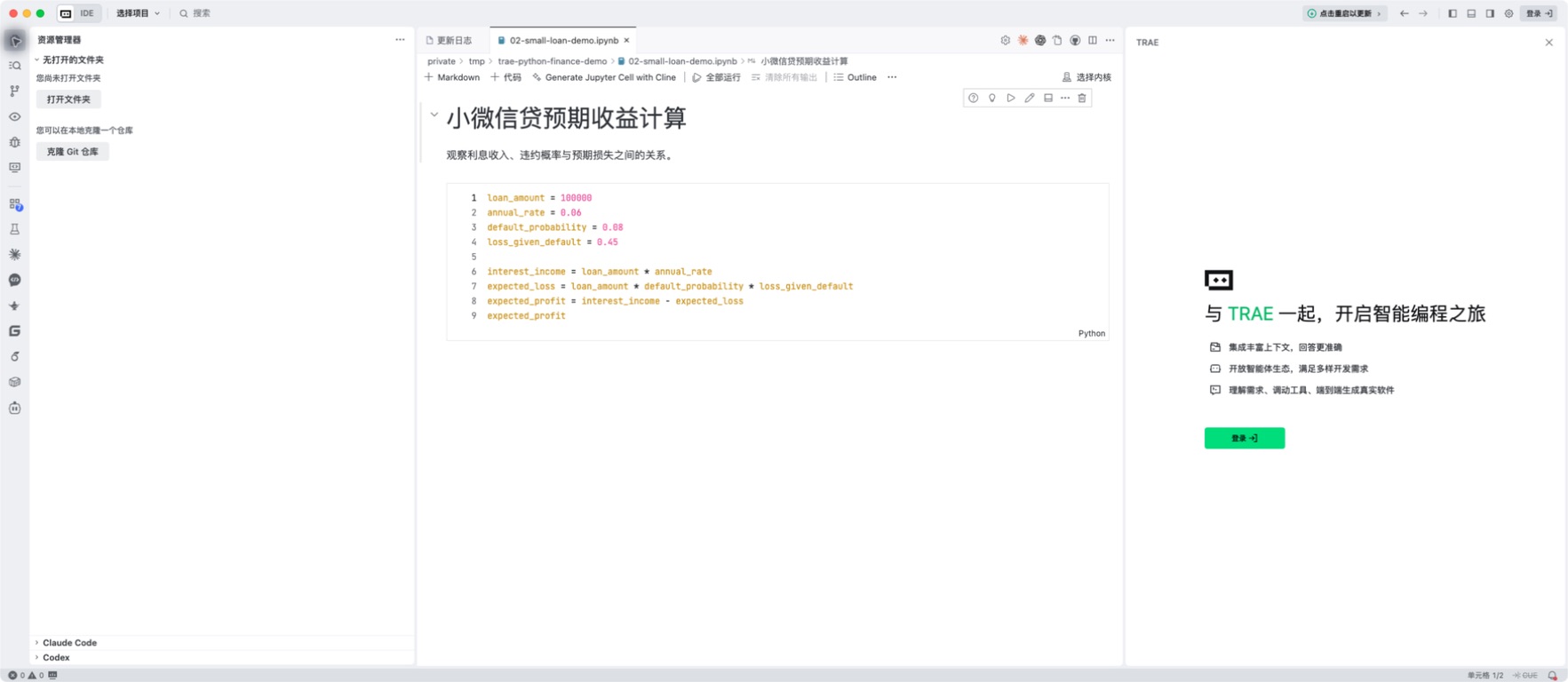 Trae CN IDE 中打开小微信贷 Notebook 的真实界面